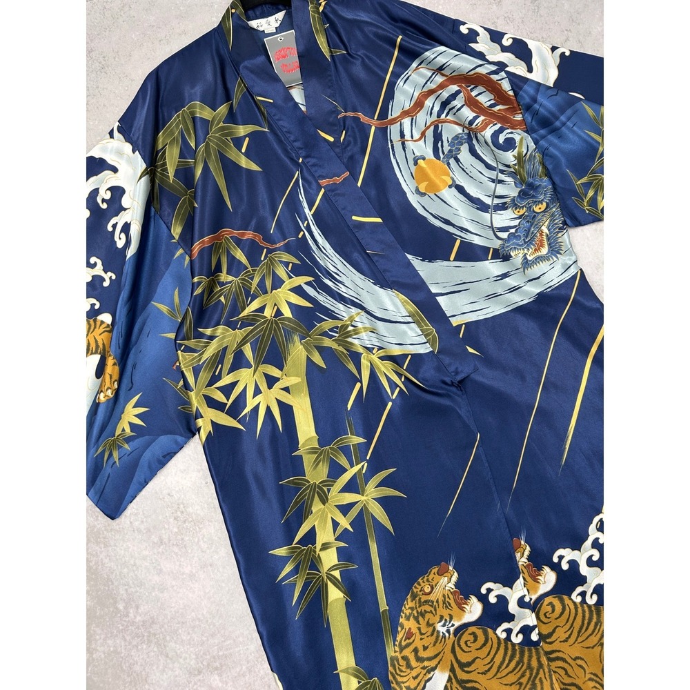 Blue Satin Tiger Dragon Bamboo Print Kimono Robe Longline Loungewear O/S